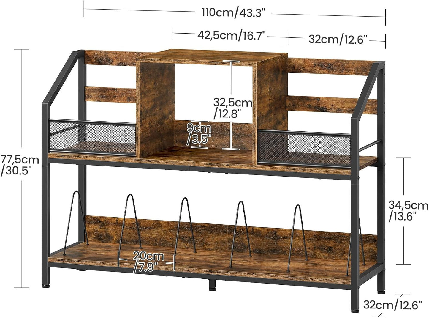 43" Vinyl Record Storage Holder, Large Record Player Table, Holds up to 400 Albums, Vinyl Record Player Display Stand, Removable Dividers, for CD, Audio Equipment Storage, Rustic Brown TCW77BF