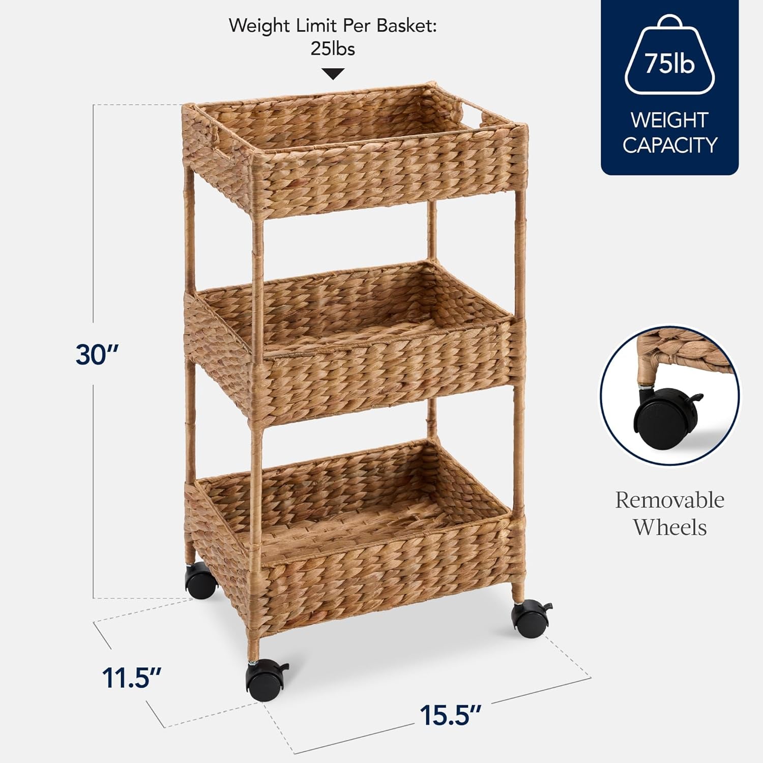3-Tier Water Hyacinth Rolling Nursery Caddy W/Wheels, Utility Cart, Storage Organization for Bathroom, Craft Room, Laundry Room– Chestnut
