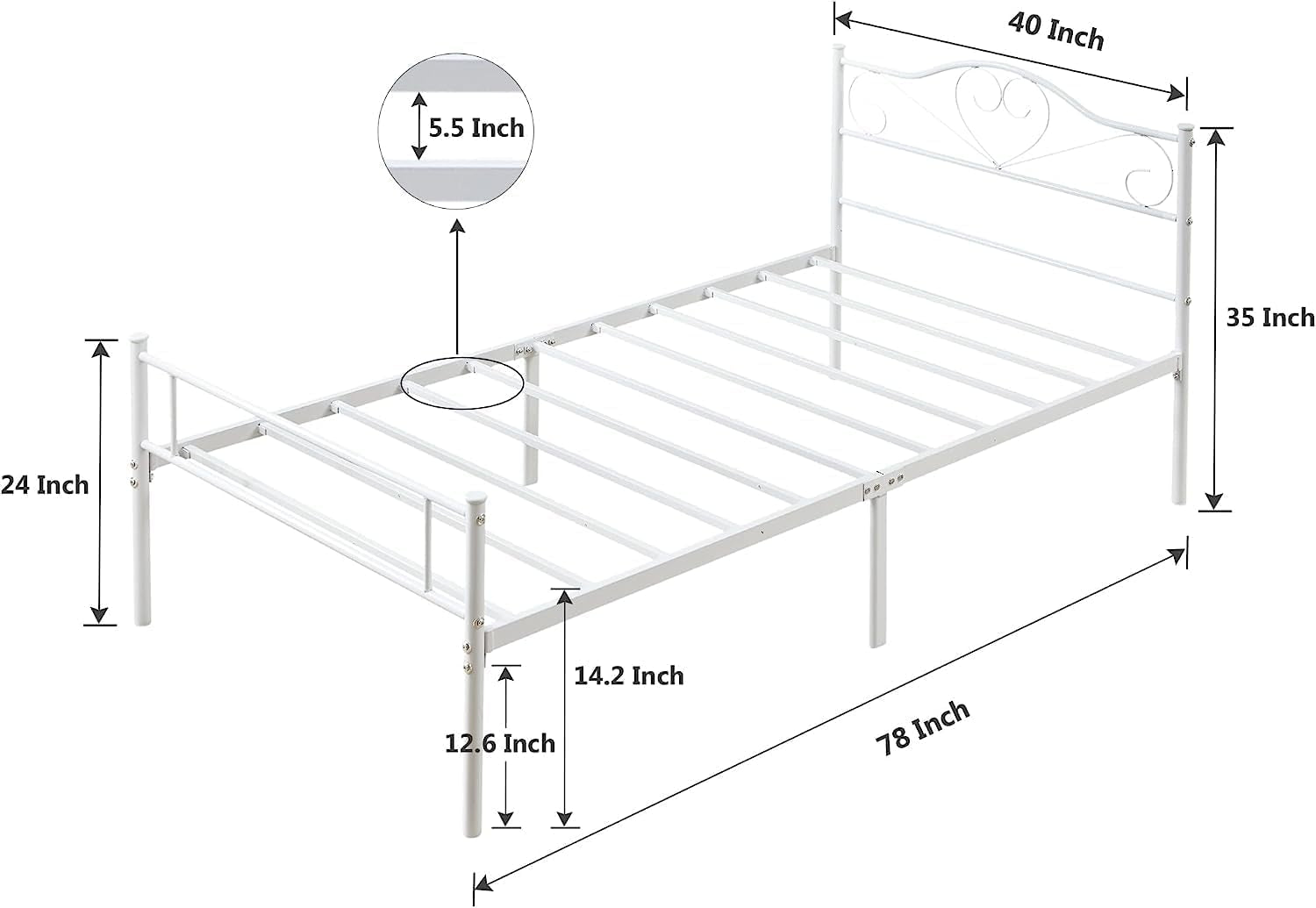14 Inch Twin Size Metal Platform Bed Frame with Headboard and Footboard, Heavy Duty Mattress Foundation with Steel Slats Support, No Box Spring Needed, White
