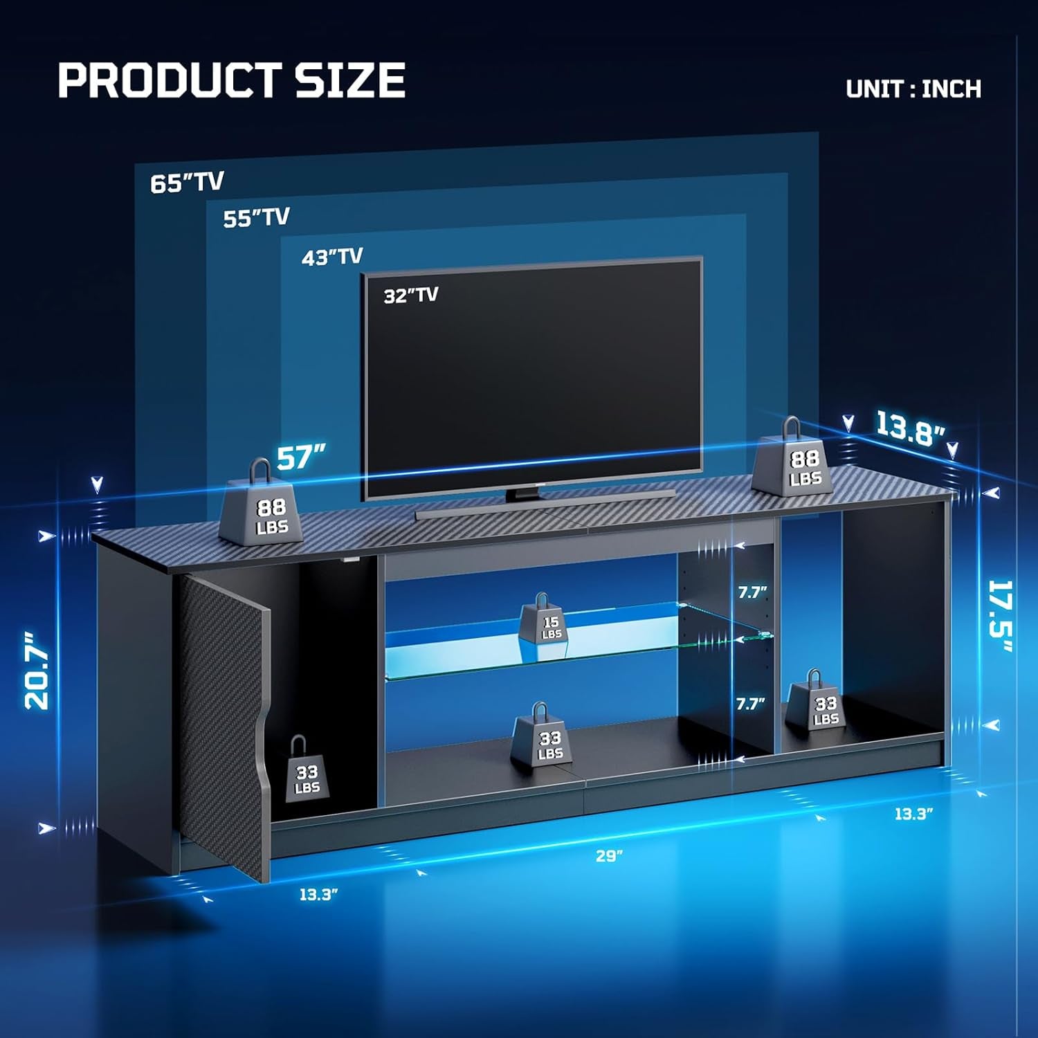 57" LED TV Stand for 55/60/65 Inch Tvs - Gaming Entertainment Center with RGB Lights, Adjustable Glass Shelves & Cabinet for Ps5/Xbox, Modern Black TV Console for Living Room