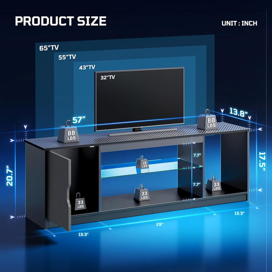 57" LED TV Stand for 55/60/65 Inch Tvs - Gaming Entertainment Center with RGB Lights, Adjustable Glass Shelves & Cabinet for Ps5/Xbox, Modern Black TV Console for Living Room