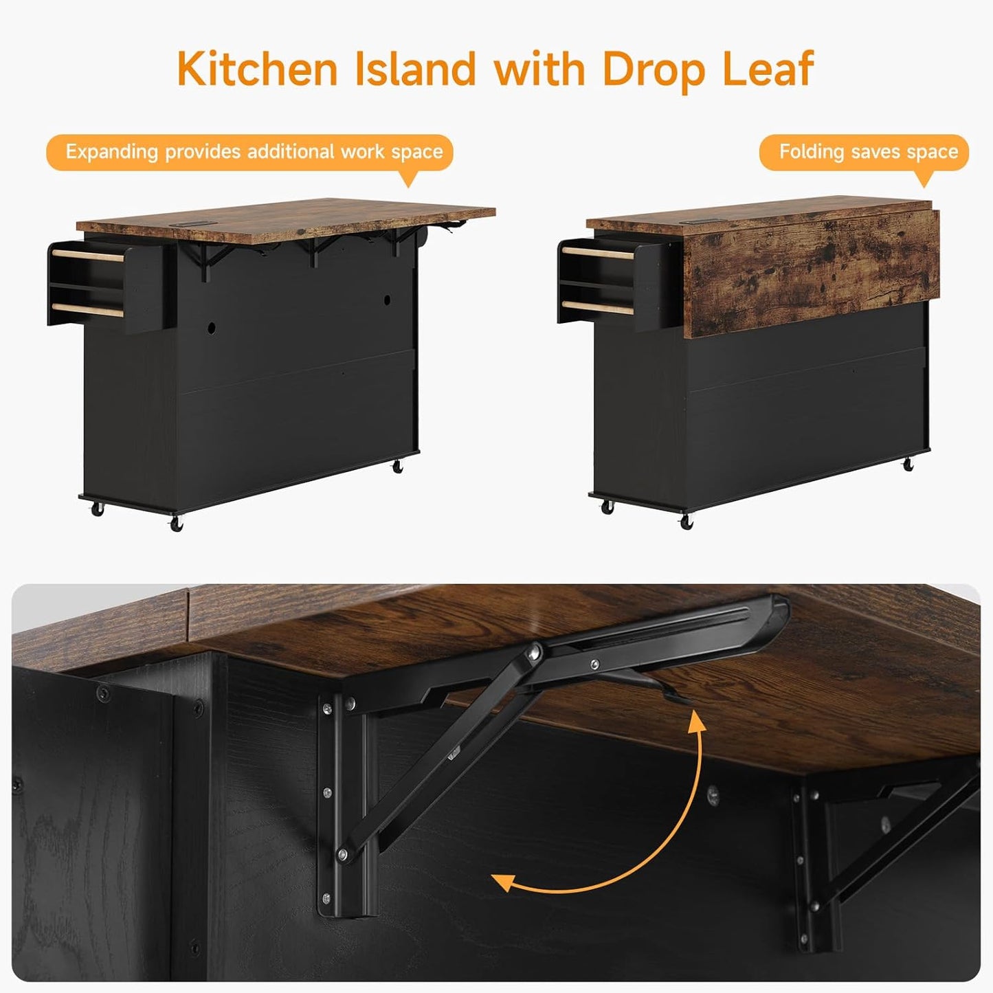 60" Rolling Large Kitchen Island on Wheels with Extendable Table, Drop Leaf & Power Outlet, Mobile Kitchen Cart with Storage Cabinet, 2 Drawers, Spice Rack, Towel & Knife Holder, Black