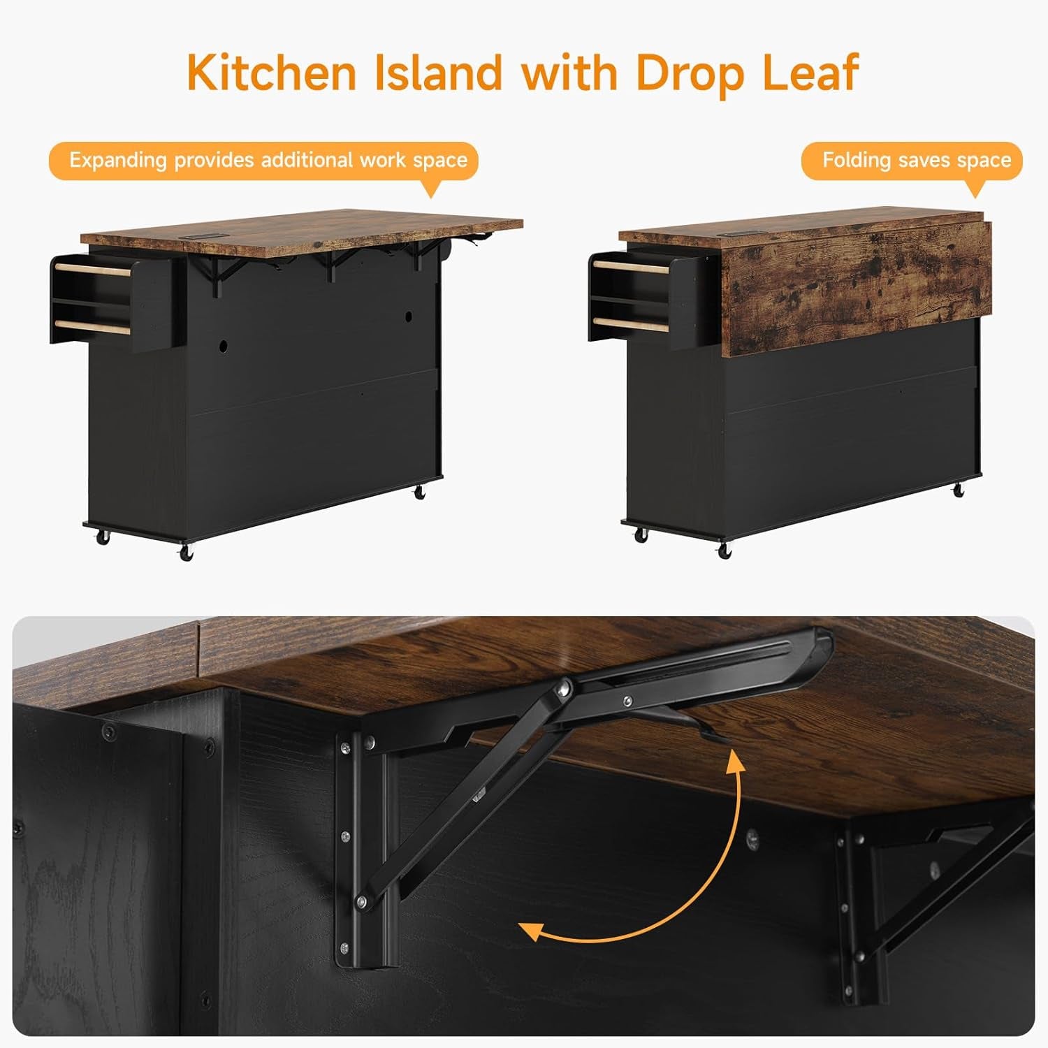 60" Rolling Large Kitchen Island on Wheels with Extendable Table, Drop Leaf & Power Outlet, Mobile Kitchen Cart with Storage Cabinet, 2 Drawers, Spice Rack, Towel & Knife Holder, Black