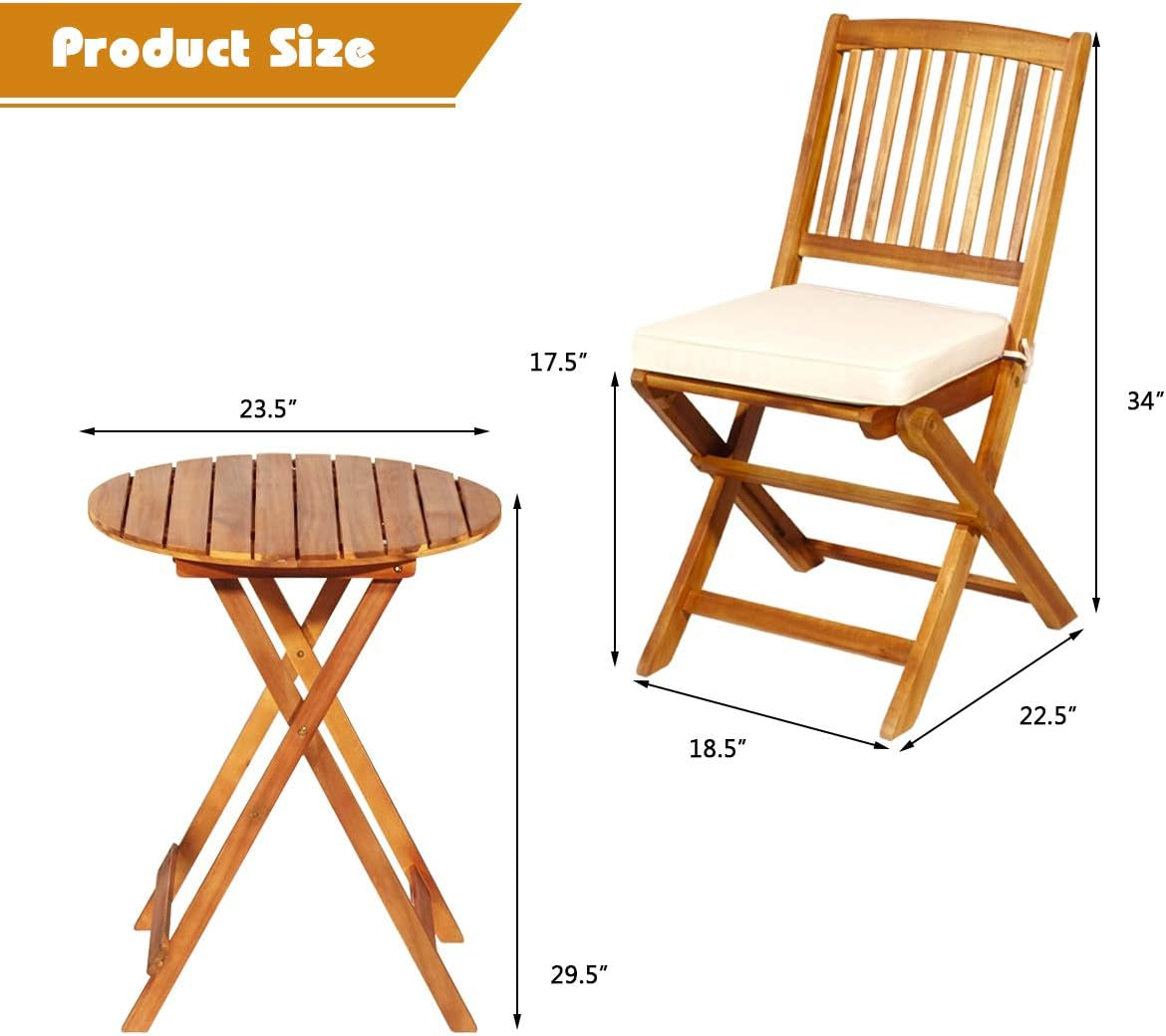 3-Piece Acacia Wood Folding Patio Bistro Set, Small Outdoor Balcony Furniture, round Coffee Table and 2 Chairs with Soft Cushions, Teak Table Set for Porch, Backyard, Deck (Cream White)