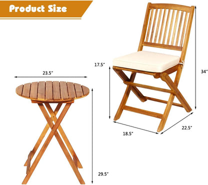 3-Piece Acacia Wood Folding Patio Bistro Set, Small Outdoor Balcony Furniture, round Coffee Table and 2 Chairs with Soft Cushions, Teak Table Set for Porch, Backyard, Deck (Cream White)