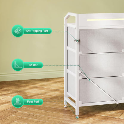 White Dresser for Bedroom with Light Strip & Power Outlet — 8 Drawers Dressers & Chest of Drawers with Shelf, Wood Top, Metal Frame, Wide Dressers for Girls Bedroom, Living Room, Hallway, Closet