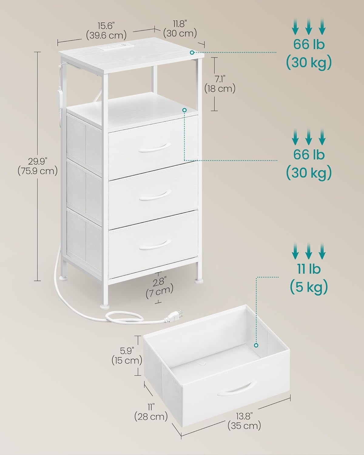 BELLAH Collection - Nightstand with Charging Station and App-Controlled Adjustable LED Lights, Bed Side Table, 3 Drawer and 1 Open Shelf, Bedroom, Cloud White and Snow White ULGS303WH01S