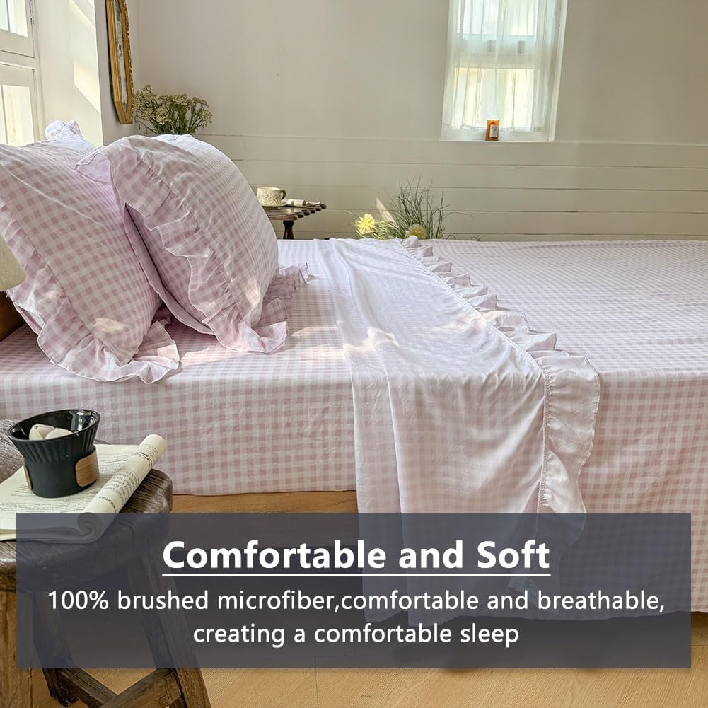 Pink Gingham Ruffle Queen Sheet Set, Pink Soft Pre-Washed Microfiber Plaid Queen Bed Sheets, 4-Pieces Farmhouse Sheet Set with Deep Pocket