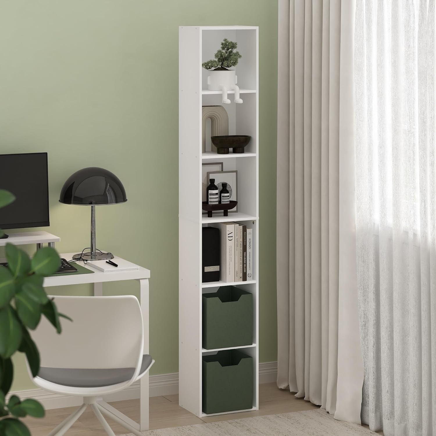 LUDER Book Shelf, 6-Tier Tall Modern Bookshelf, Bookcase with Open Shelves, 9.3 X 12 X 71, for Living Room, Bedroom, Home Office, White