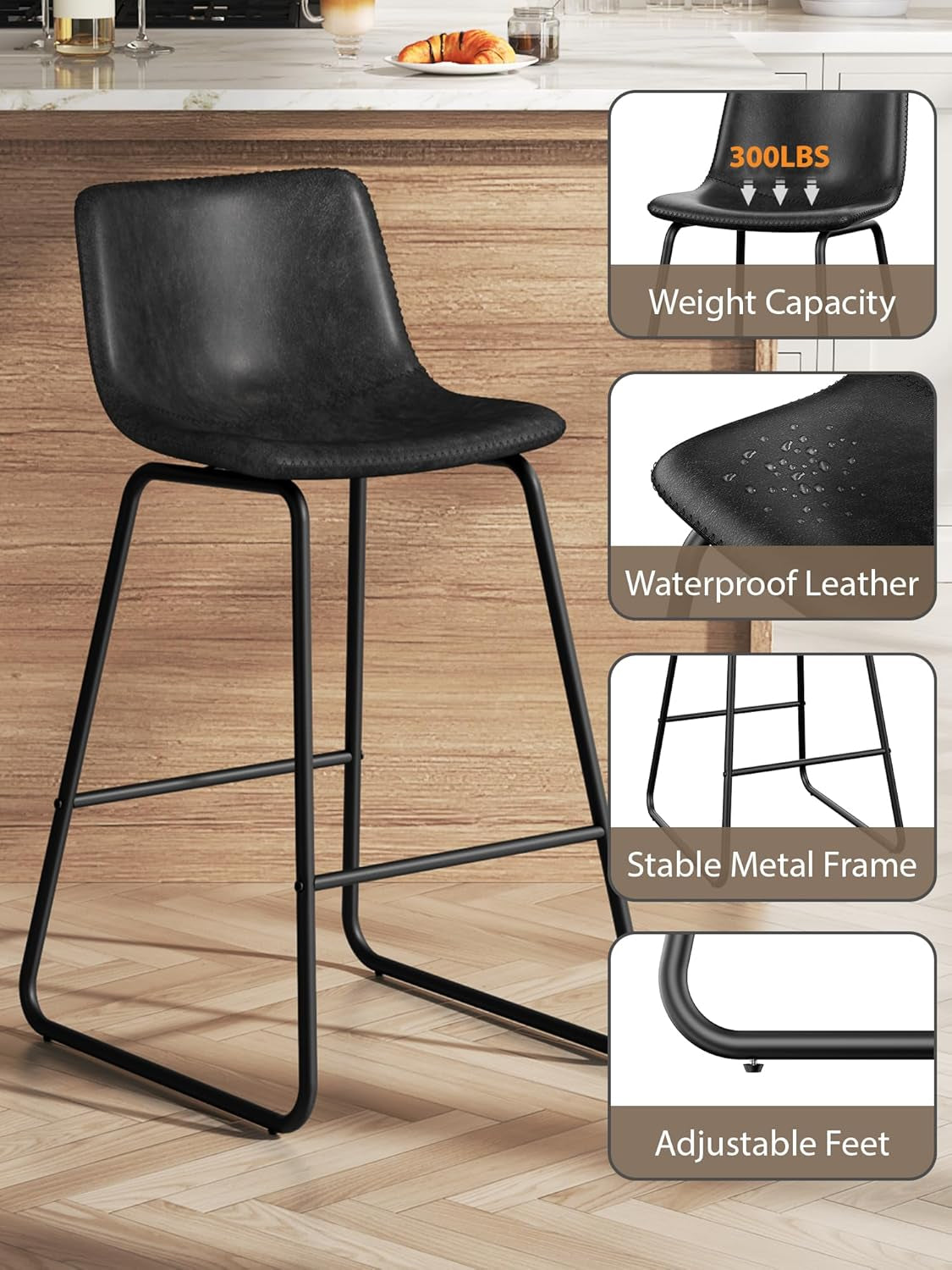 Bar Stools Set of 3, 26 Inches Counter Height Bar Stools with Back, Modern Faux Leather Barstools with Metal Legs and Footrest, Bar Chairs for Kitchens Island (Black)