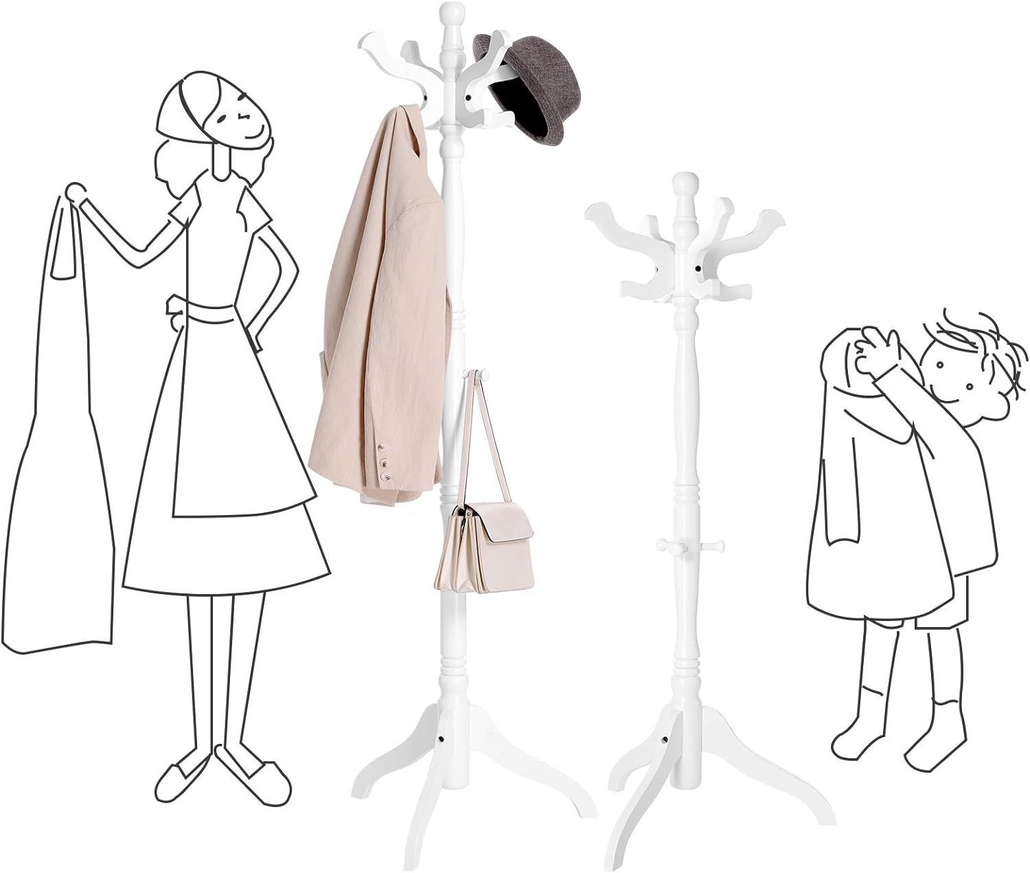 Coat Stand, Solid Wood Freestanding Coat Rack with 11 Hooks, Hall Tree for Bags, Purses, Hats, for Entryway, Hallway, Rubberwood, White URCR005W02