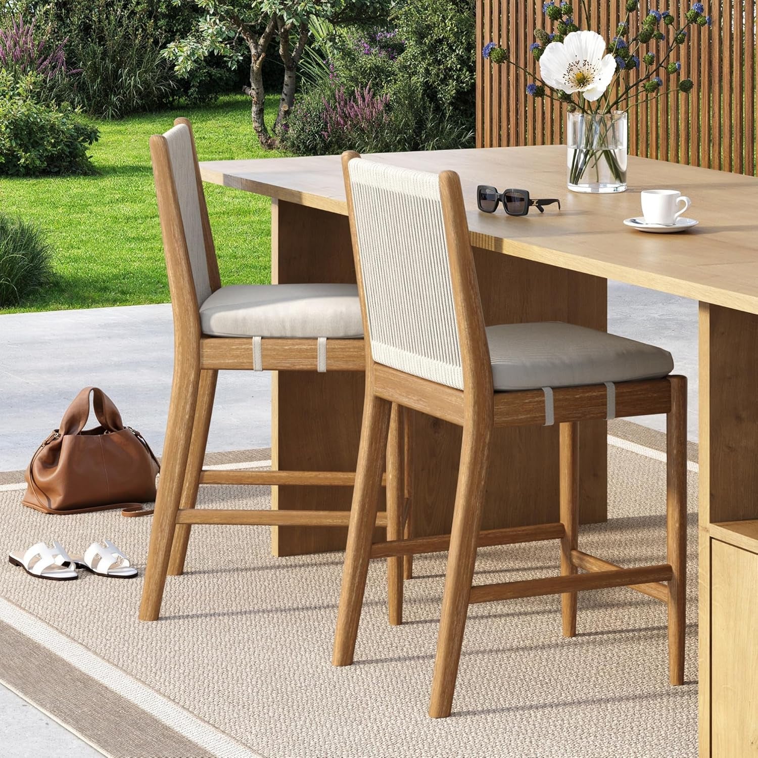 Kayden Bohemian Upholstered Bar Stool Patio Chairs, Outdoor Bar Stool with Back, Solid Wood Legs and Plush Cushions, Set of 2