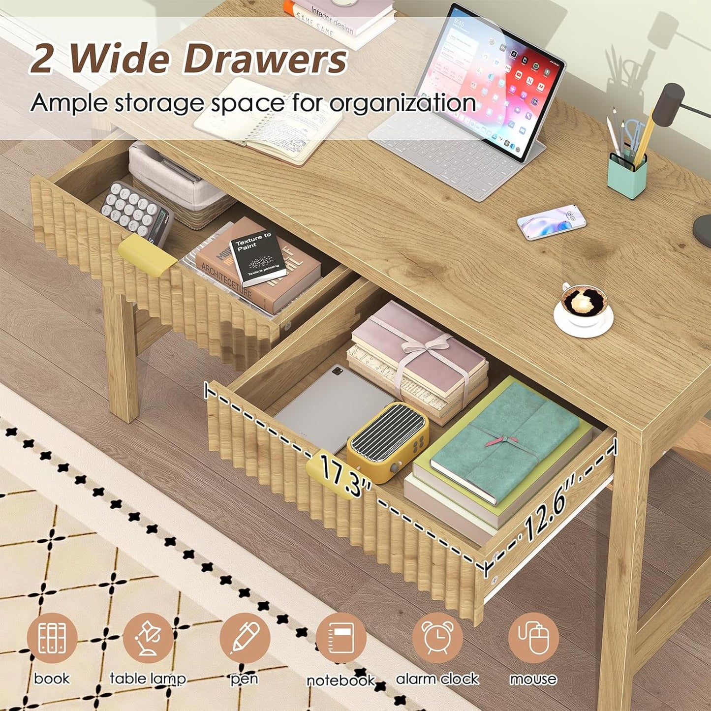 Fluted Computer Desk with 2 Drawers, 39 Inch Small Computer Desk with Storage, Compact Writing Study Desk for Small Spaces