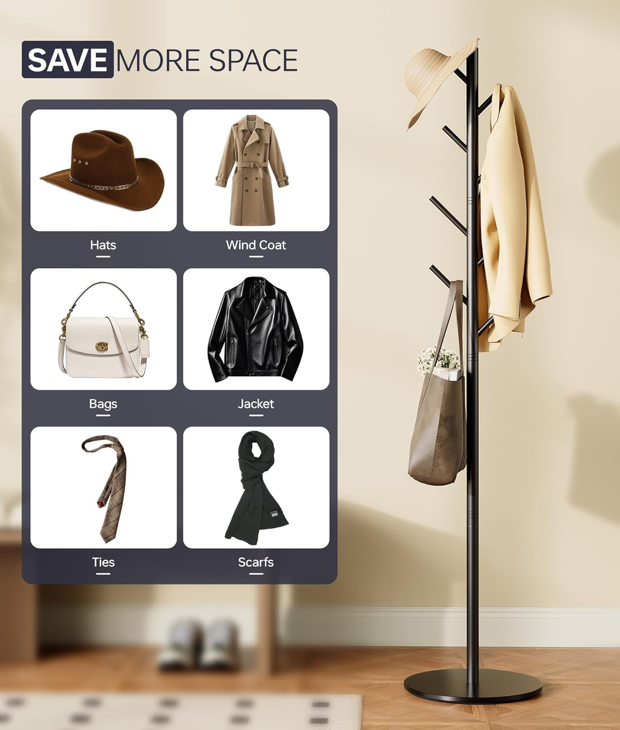 Coat Rack with 8 Hooks, Modern Hall Tree, Sturdy Metal Clothes Stand & Sintered Stone Base for Entryway, Office, Bedroom, Stable Storage in Coats, Hats, Handbags and Scarves, Black