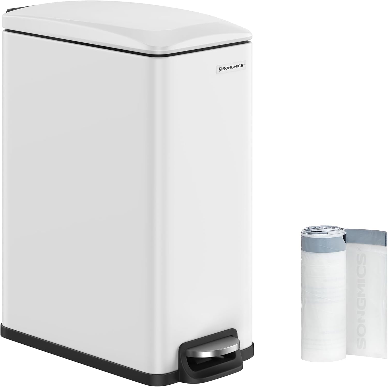 Slim Trash Can, 13-Gallon (50 L) Garbage Can for Narrow Spaces with Soft-Close Lid, Inner Bucket, and Step-On Pedal, Stainless Steel, 15 Trash Bags Included, White ULTB510W48