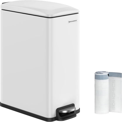 Slim Trash Can, 13-Gallon (50 L) Garbage Can for Narrow Spaces with Soft-Close Lid, Inner Bucket, and Step-On Pedal, Stainless Steel, 15 Trash Bags Included, White ULTB510W48