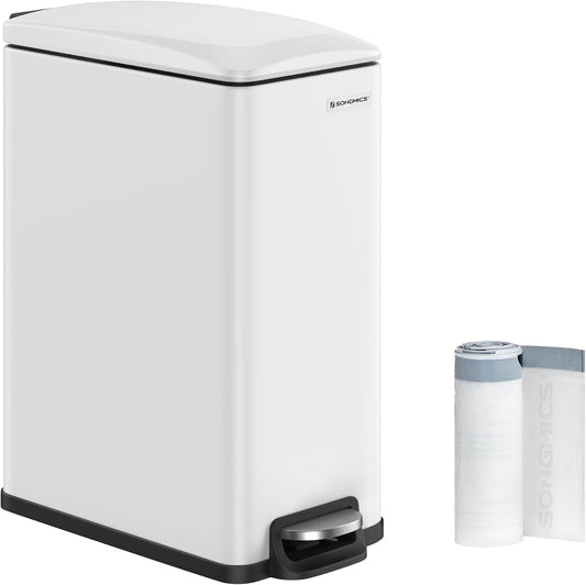 Slim Trash Can, 13-Gallon (50 L) Garbage Can for Narrow Spaces with Soft-Close Lid, Inner Bucket, and Step-On Pedal, Stainless Steel, 15 Trash Bags Included, White ULTB510W48