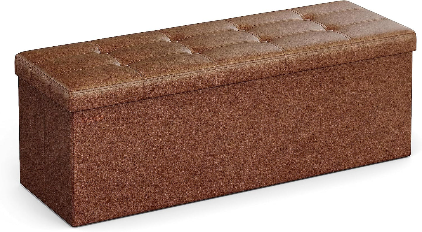 MAZIE Collection - 43 Inches Folding Storage Ottoman Bench, Ottoman with Storage, Foot Rest Stool, Load 660 Lb, for Living Room, Synthetic Leather, Black ULSF701