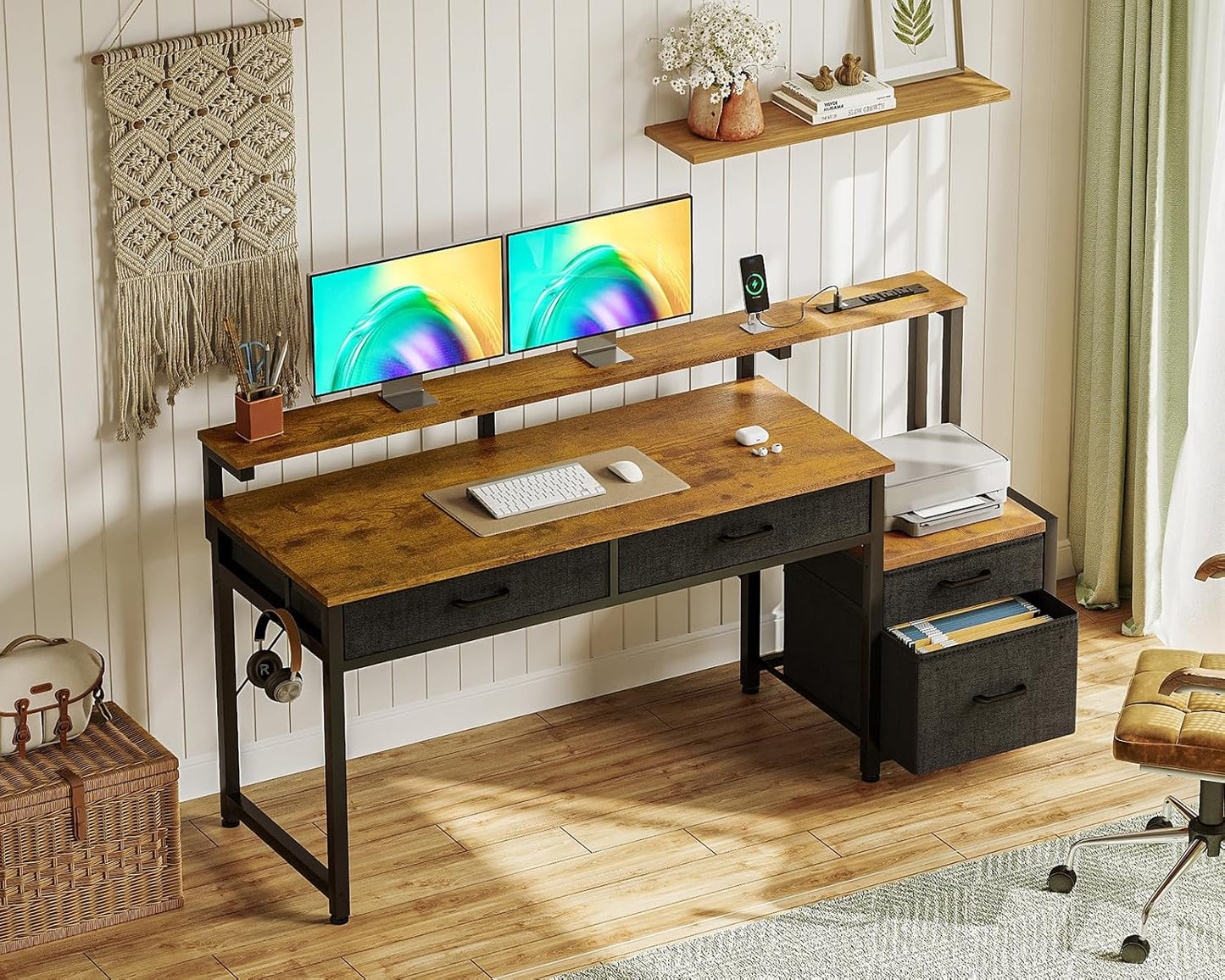 Computer Desk with 4 Drawers, 55 Inch Office Desk with Printer Shelf & Built-In Power Outlet, Work Desk with Monitor Shelf for Home Small Spaces, Rustic Brown