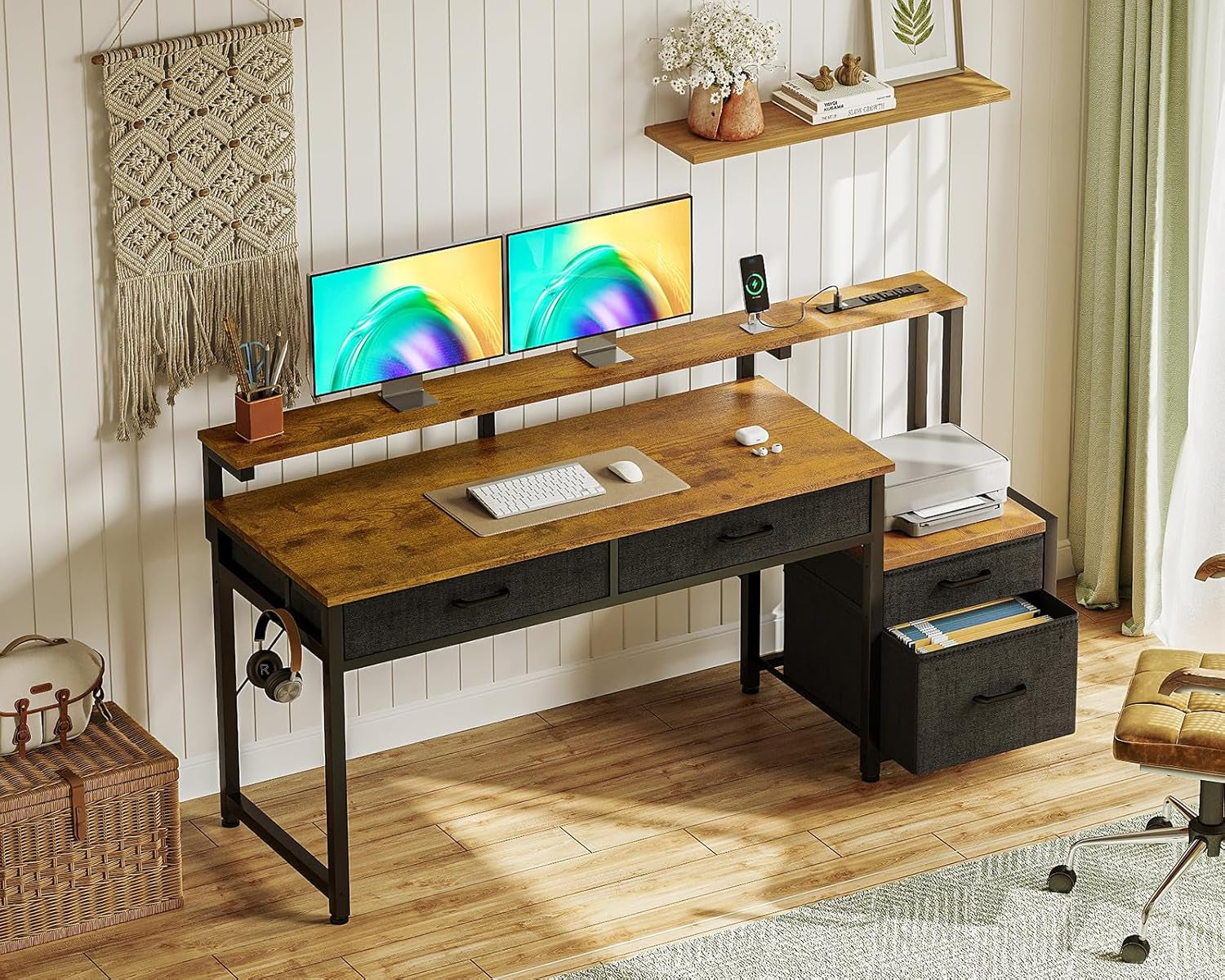 Computer Desk with 4 Drawers, 55 Inch Office Desk with Printer Shelf & Built-In Power Outlet, Work Desk with Monitor Shelf for Home Small Spaces, Rustic Brown