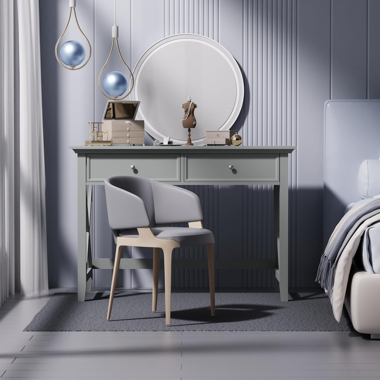 Computer Desk with 2 Drawers, Elegant Home Office Writing Study Desk with Storage, Modern Simple Vanity Desk Console Table for Living Room, Grey