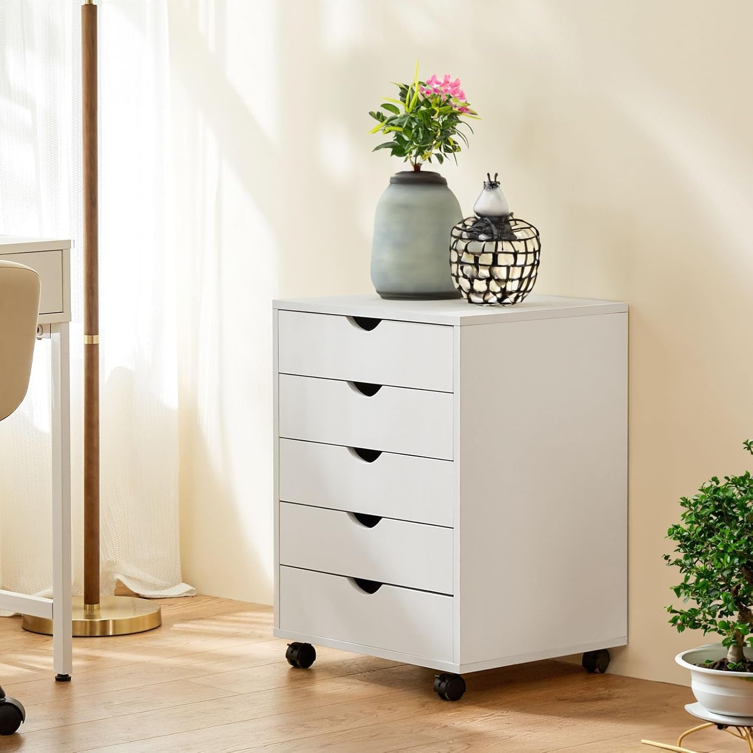 5 Drawer Mobile File Cabinet under Desk Storage Organization with Wheels Vertical Filing Chest Rolling Wood Small Desk Printer Stand for Home Office, White
