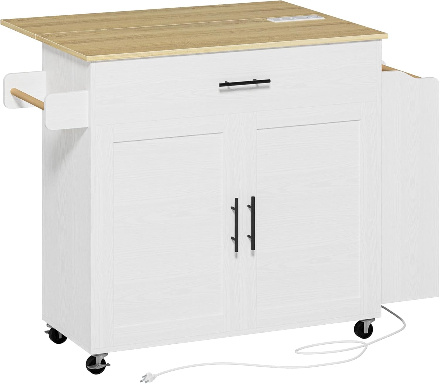 Kitchen Island with Storage, Rolling Kitchen Island on Wheels with Drop Leaf, 3 Open Spice Rack Shelf, Door Cabinet, Drawer, Kitchen Cart Island Table for Kitchen, White