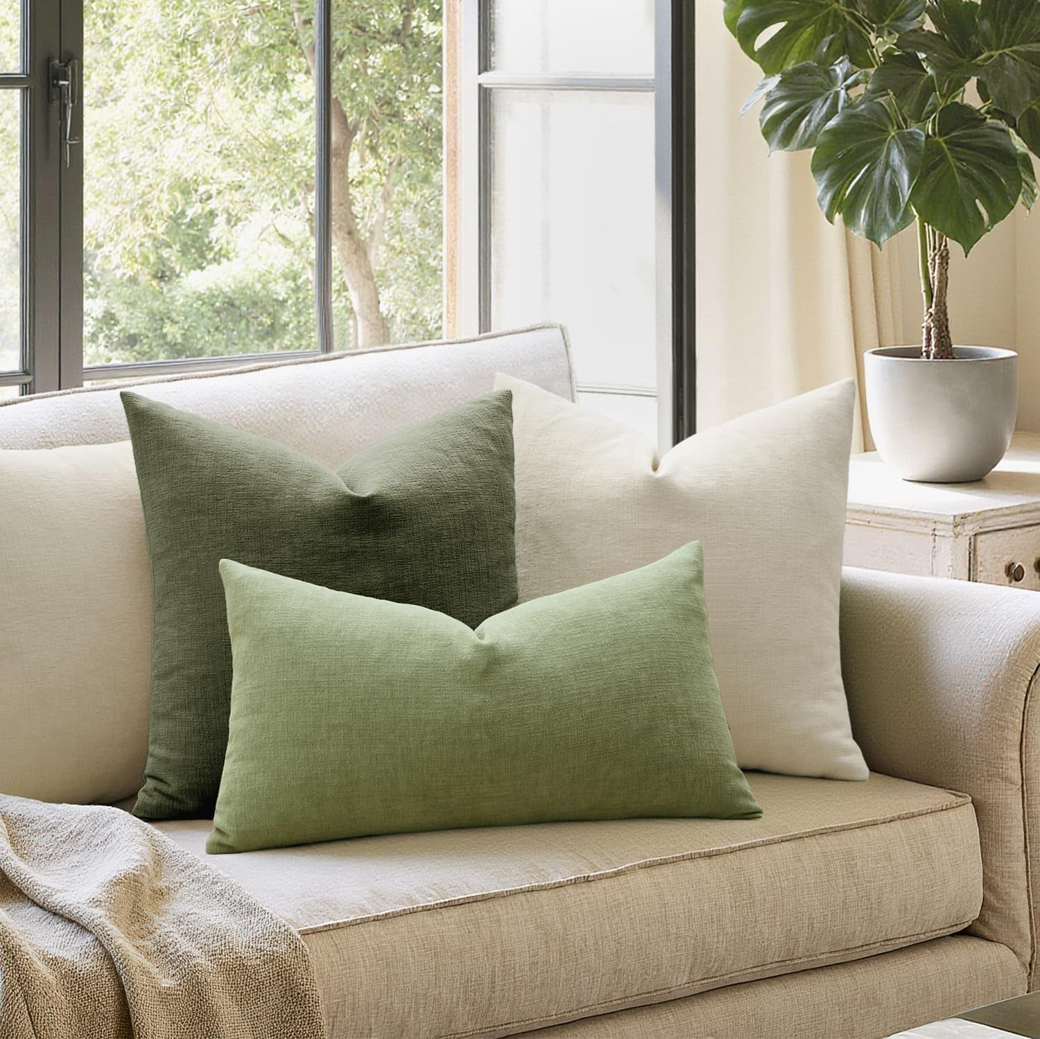 Olive Green Couch Pillow Covers 18X18 Inch, Set of 2 Soft Chenille Decorative Square Throw Pillow Covers Farmhouse for Sofa Living Room Bed