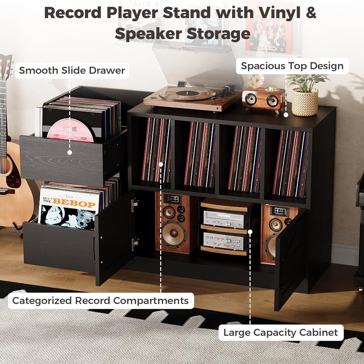 Record Player Stand, Vinyl Record Player Table with Storage Cabinet and Drawers, Mid Century Modern Turntable Stand Holds up to 600+ Albums for Living Room, Music Room, Black