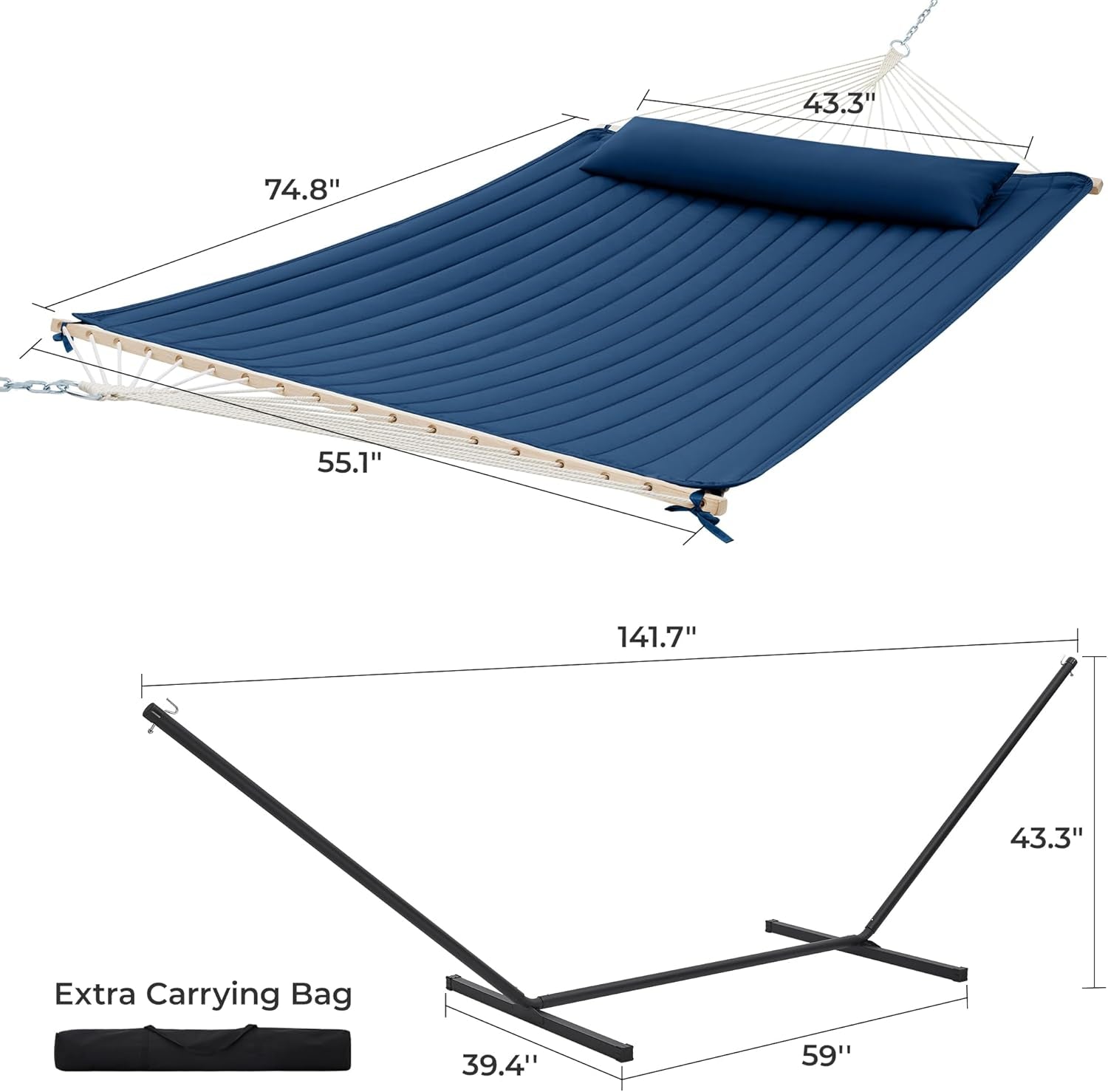 12Ft Double Hammock with Stand, Rope Hammock for 2 Person, Detachable Hammock Bed and Pillow, Portable, Anti-Tip Safety Ropes, Carry Bag, Outdoor Backyard Patio Camping, Navy Blue