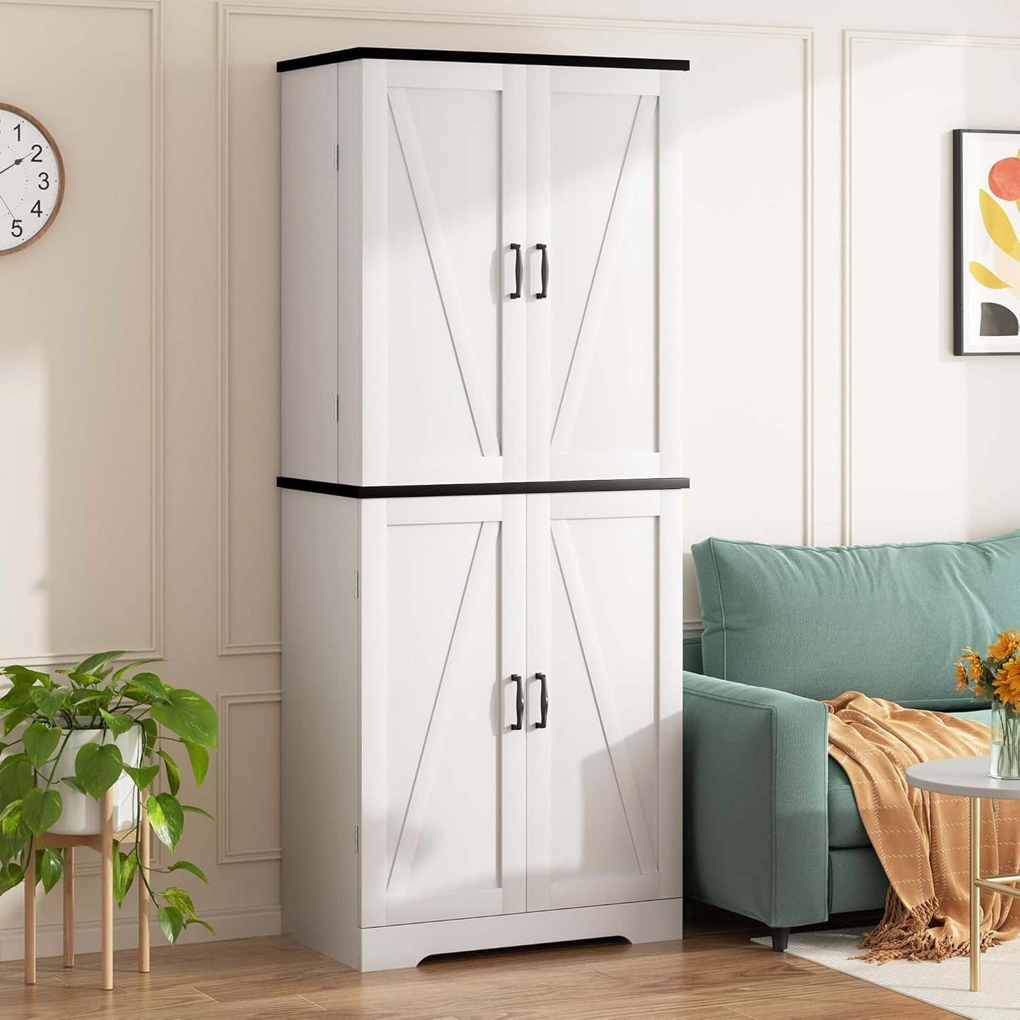 Kitchen Pantry Cabinet, Freestanding Farmhouse Storage Cabinet with 8 Door Shelves, 2 Cabinets and 1 Drawer, Tall Cupboard for Kitchen, Living Room, Dining Room and Bathroom, White