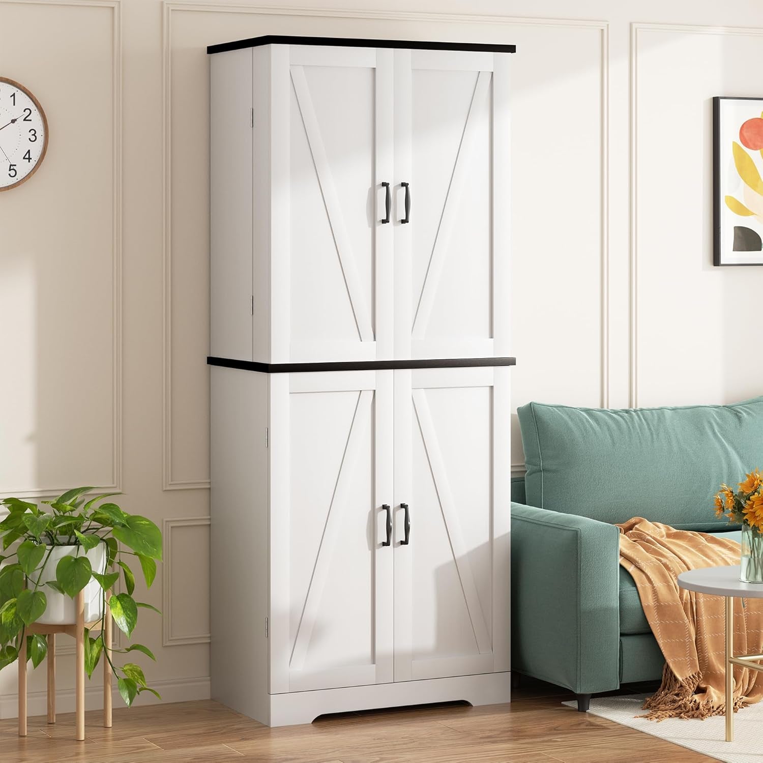 Kitchen Pantry Cabinet, Freestanding Farmhouse Storage Cabinet with 8 Door Shelves, 2 Cabinets and 1 Drawer, Tall Cupboard for Kitchen, Living Room, Dining Room and Bathroom, White