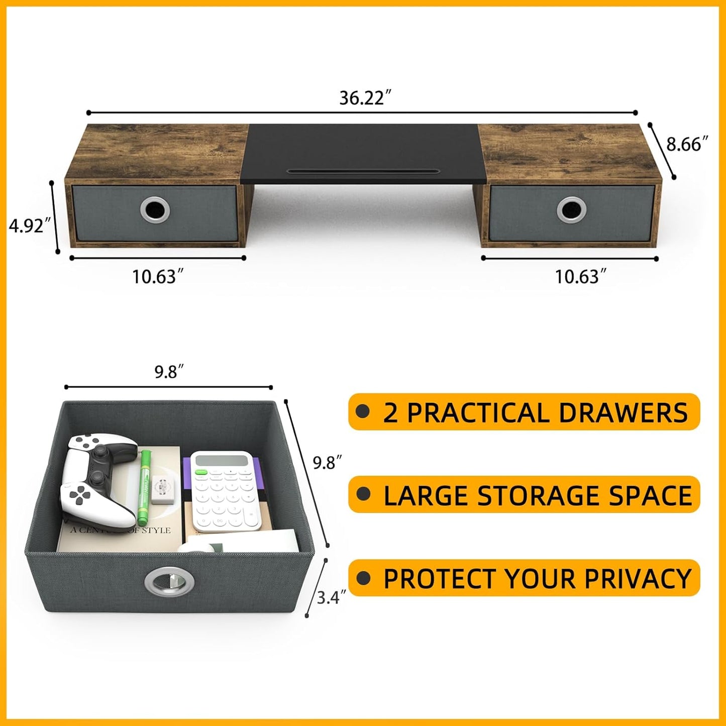 Dual Monitor Stand Riser with Two Drawers, Extra Large Storage for 2 Monitors, Desktop Oraganizer Computer,Laptop,Screen,Printer,Tv