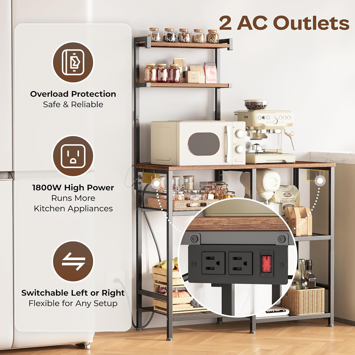 31.5 Inch Bakers Rack with Power Outlets, Kitchen Microwave Stand with Storage, Coffee Bar with 4 Hooks, 3-Level Height Open Shelves, Rustic Brown