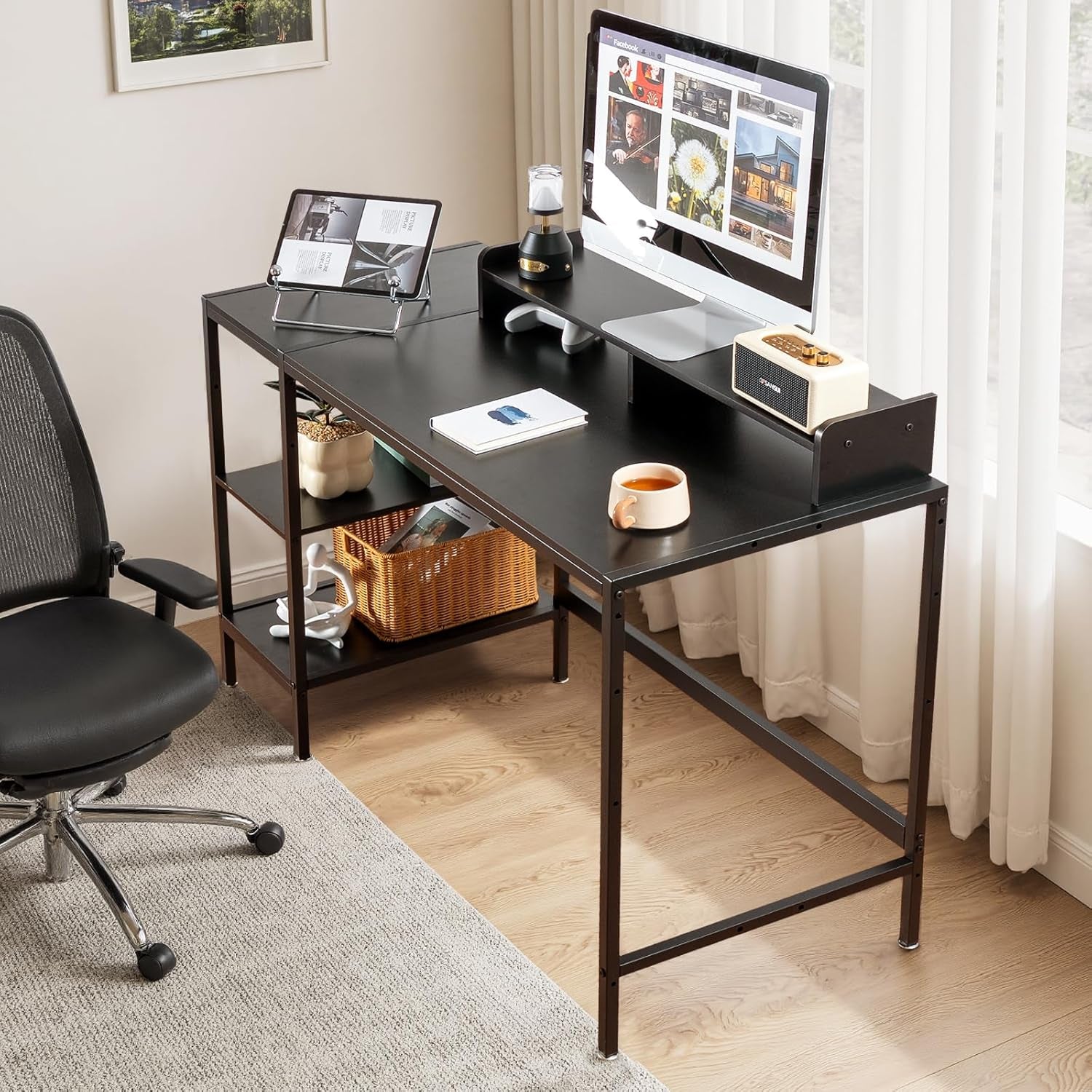 47-Inch Computer Desk with Storage Shelf - Your Ideal Black Gaming Desk for Bedrooms, Small Spaces, and Home Offices. This Modern Writing Desk Is Perfectly Suited for Pcs.