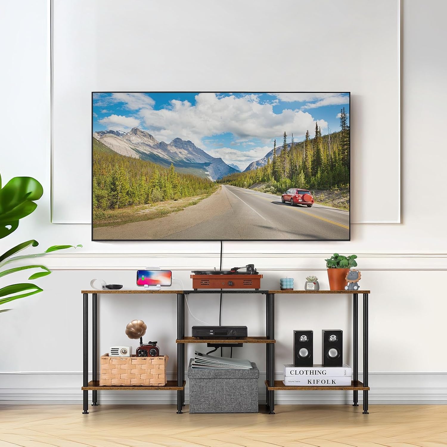 Small TV Stand for Living Room up to 50 Inch Farmhouse TV Media Entertainment Center with Power Outlets & Storage Shelf Rustic TV Console Table for Bedroom, Rustic Brown