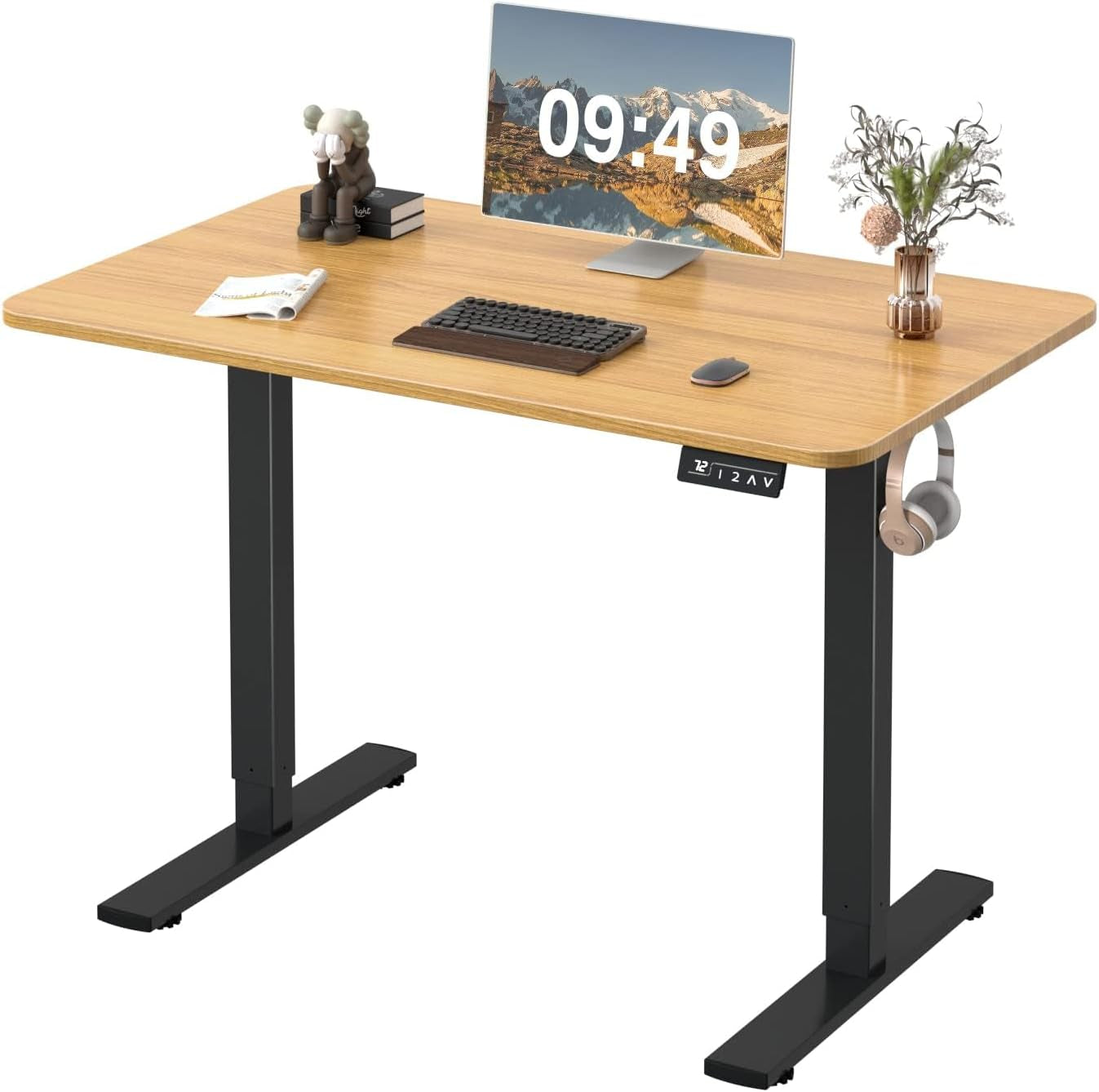 Electric Height Adjustable Standing Desk Large 40 X 24 Inches Sit Stand up Desk Home Office Computer Desk Memory Preset with T-Shaped Metal Bracket, Maple