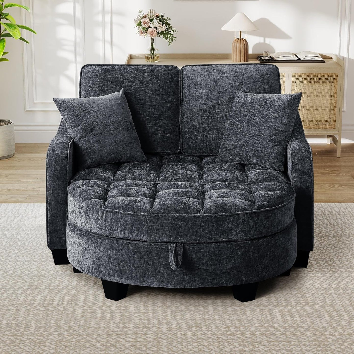 Chaise Lounge Chair Indoor, Chenille Oversized Sofa Chair with Storage Ottoman & Adjustable Backrest, Fluffy Loveseat Sofa, Comfy Convertible Sleeper Couch Bed for Living Room, Bedroom(Black)