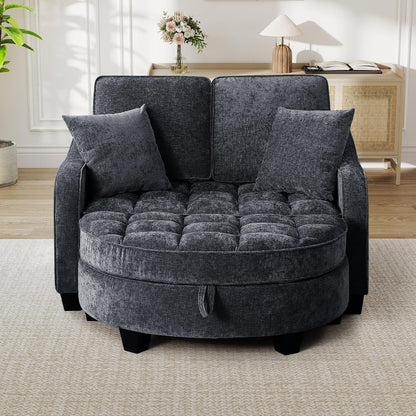 Chaise Lounge Chair Indoor, Chenille Oversized Sofa Chair with Storage Ottoman & Adjustable Backrest, Fluffy Loveseat Sofa, Comfy Convertible Sleeper Couch Bed for Living Room, Bedroom(Black)