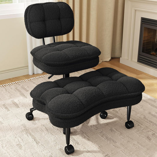 Criss Cross Chair, Ergonomic Office Chair with Wheels & Backrest, Cross Legged Office Chair with Foot Rest for ADHD, Height Adjustable, Thicken Cushion, Teddy Fabric, Black