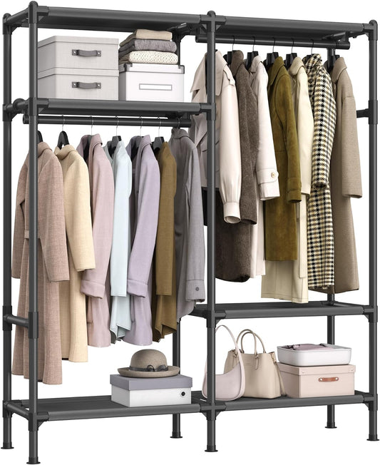 Heavy Duty Clothes Rack, 65 Inch Freestanding Portable Wardrobe with Hanging Rails and Shelves, Total Load 242 Lb, Easy Assembly, for Cloakroom, Bedroom, Black URDR201B02
