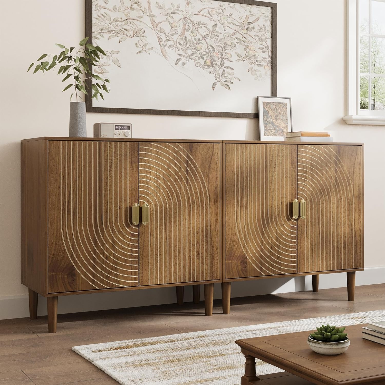 Walnut Sideboard Cabinet, Freestanding Buffet Cabinet with Line Groove Design, Wood Storage Cabinet with Adjustable Shelf for Living Room, Entryway, Hallway