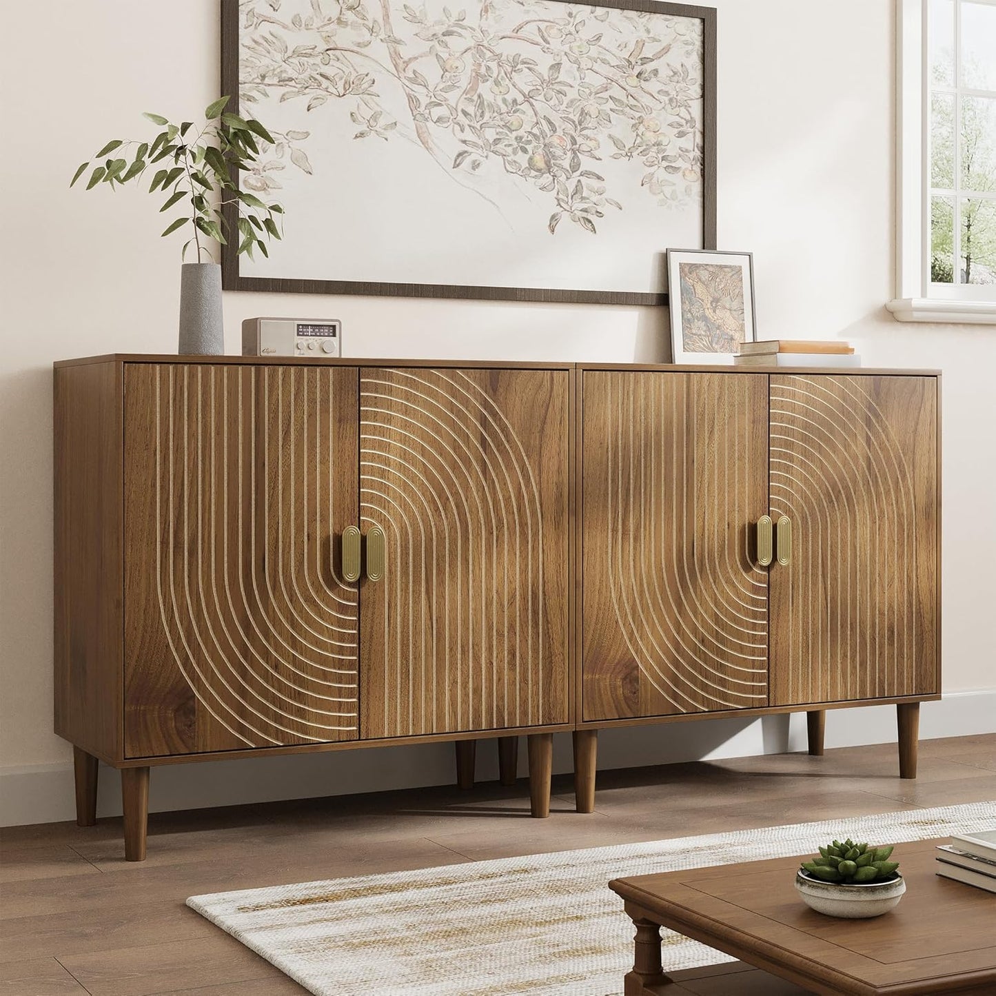 Walnut Sideboard Cabinet, Freestanding Buffet Cabinet with Line Groove Design, Wood Storage Cabinet with Adjustable Shelf for Living Room, Entryway, Hallway