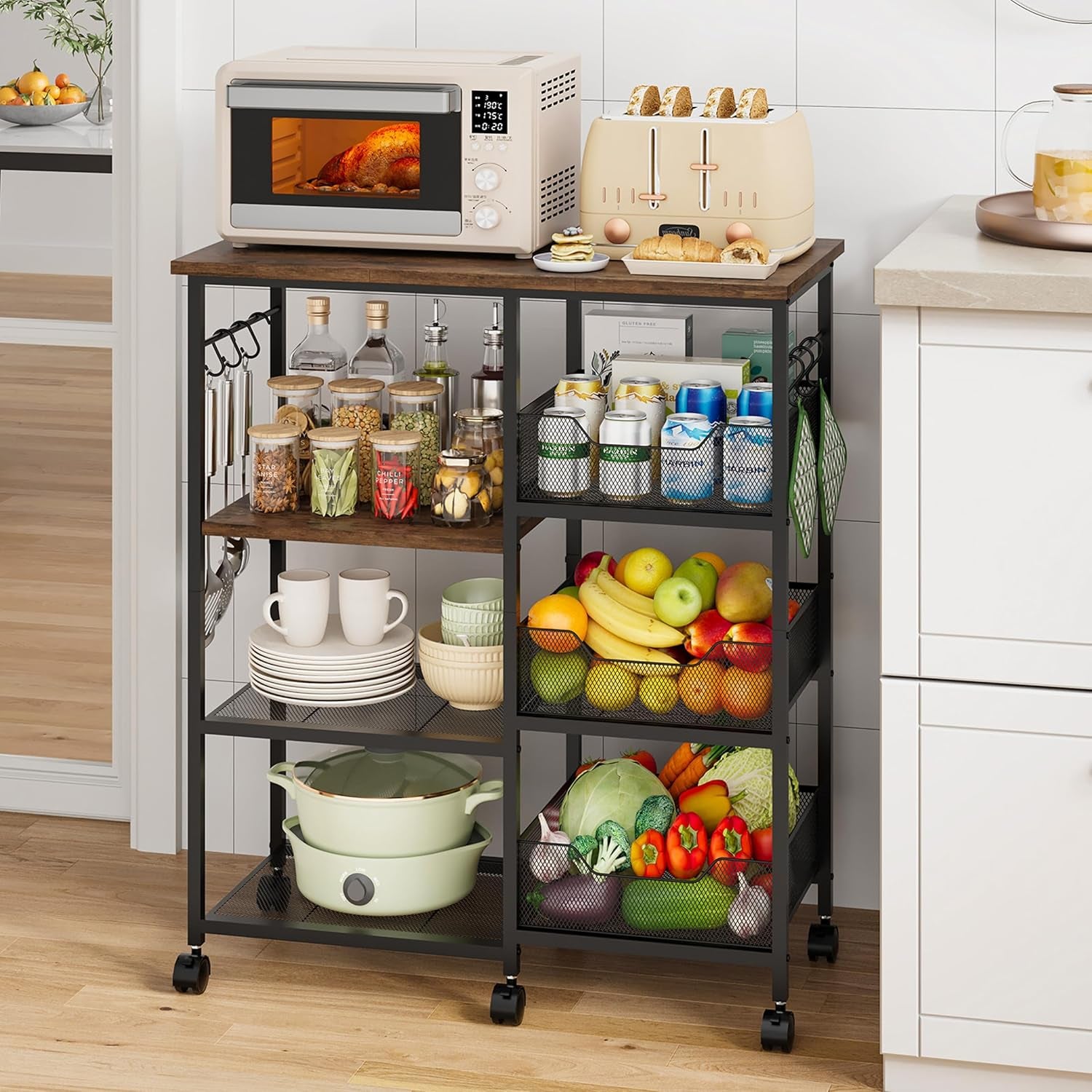 Rolling Kitchen Carts with Storage - Microwave Table Stand with 6 Hooks & 3 Baskets, Kitchen Island Cart on Lockable Wheels, 28.3" L × 14.6" W Bakers Rack Cart for Dining Room Coffee Bar Office