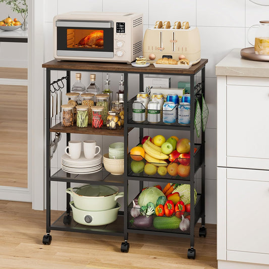 Rolling Kitchen Carts with Storage - Microwave Table Stand with 6 Hooks & 3 Baskets, Kitchen Island Cart on Lockable Wheels, 28.3" L × 14.6" W Bakers Rack Cart for Dining Room Coffee Bar Office