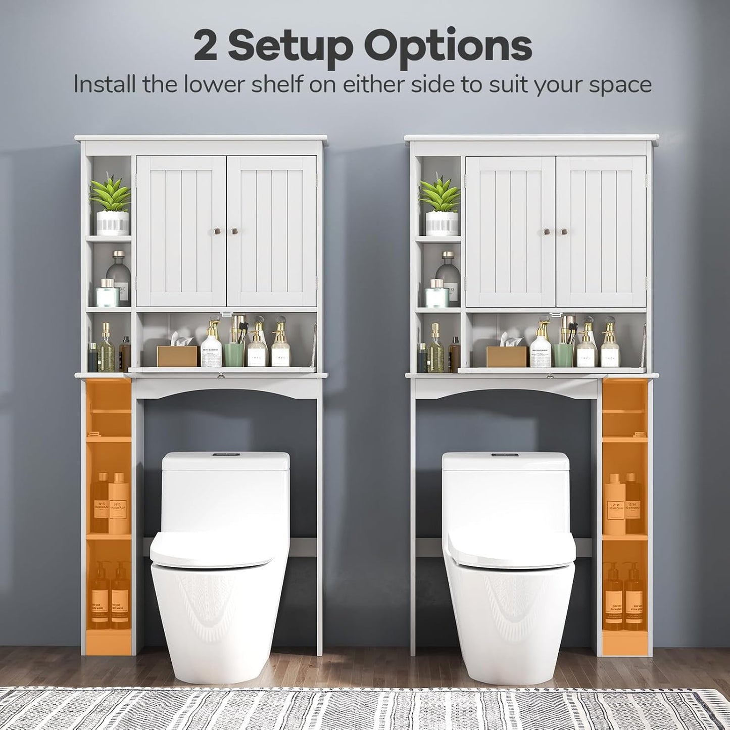 over the Toilet Storage Cabinet, Bathroom Storage Organizer with Toilet Paper Holder, Adjustable Shelf & Bottom Bar, Modern Floor Cabinet for behind Toilet, Laundry Room, White