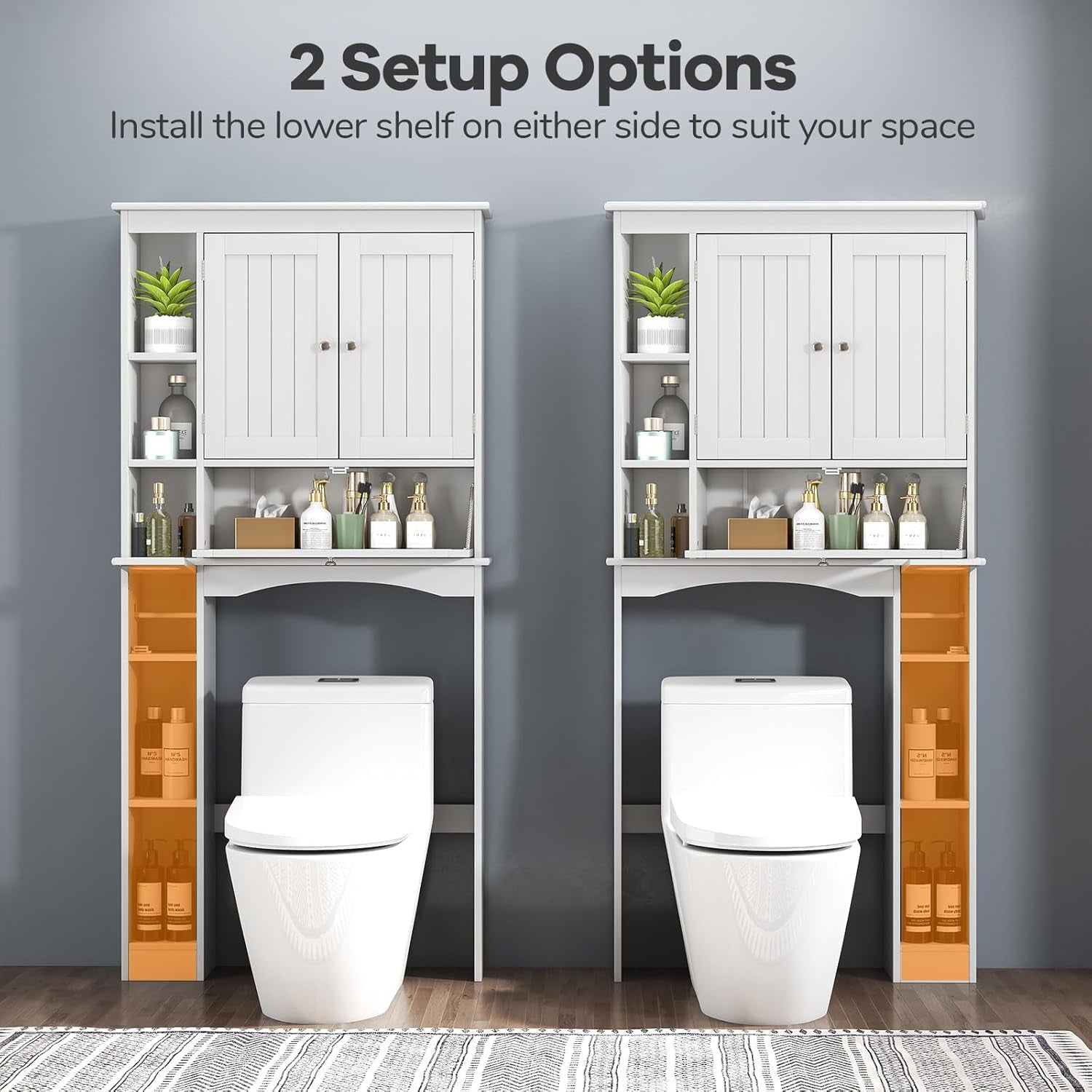over the Toilet Storage Cabinet, Bathroom Storage Organizer with Toilet Paper Holder, Adjustable Shelf & Bottom Bar, Modern Floor Cabinet for behind Toilet, Laundry Room, White
