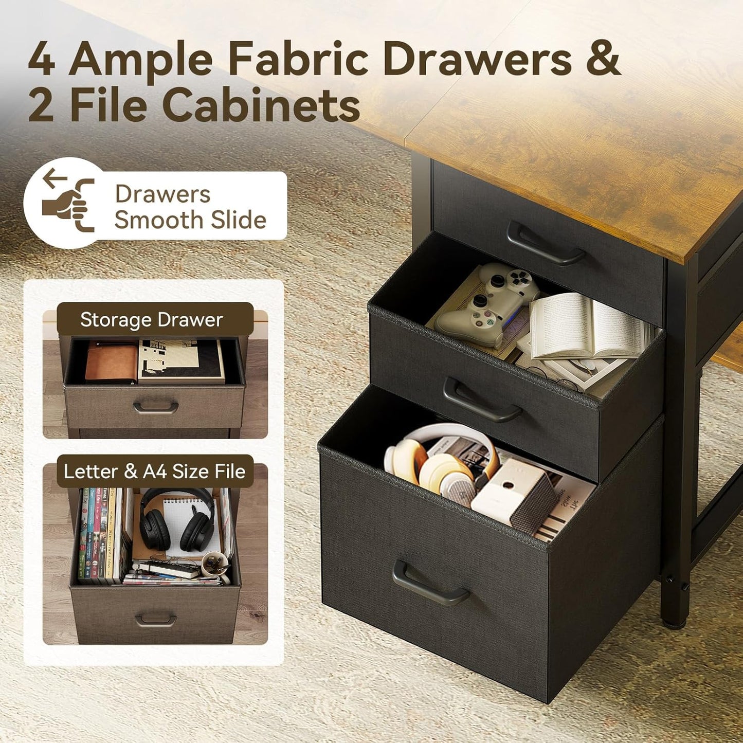 63 Inch Computer Desk with File Drawers Cabinet, Modern Office Desk with Large Storage for Home Office, Study, Gaming, Vintage