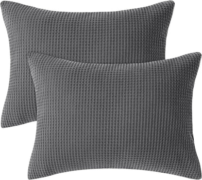 100% Cotton Waffle Pillow Shams King Size, 2 Pack 20" X 36" Soft Skin-Friendly and Breathable Pillowcases, No Filling, Aesthetic Woven Waffle Weave Pillow Covers for Bed, Charcoal Grey