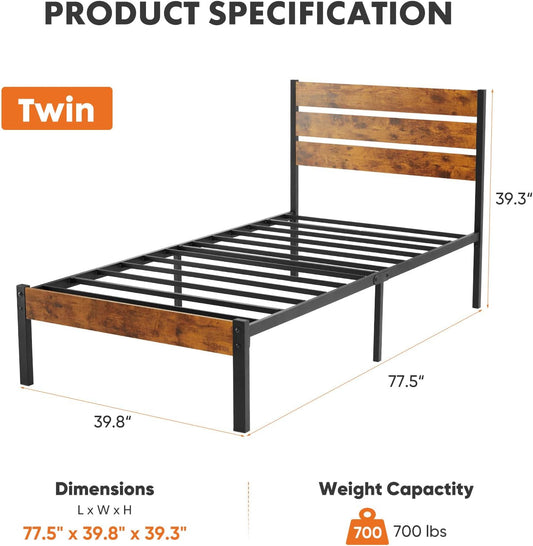 Twin Size Metal Platform Bed Frame - Mattress Foundation with Headboard and and Footboard, No Box Spring Needed with 700LBS Sturdy Wooden Slats Support, Noise Free, Easy Assembly